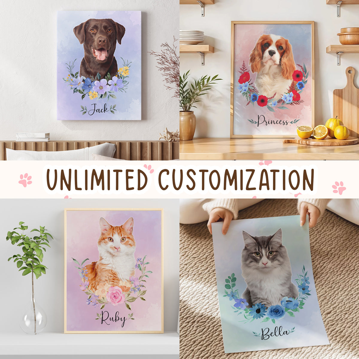 Custom Dog Portrait from Photo Floral Wreath with Name Canvas - Personalized Wall Art