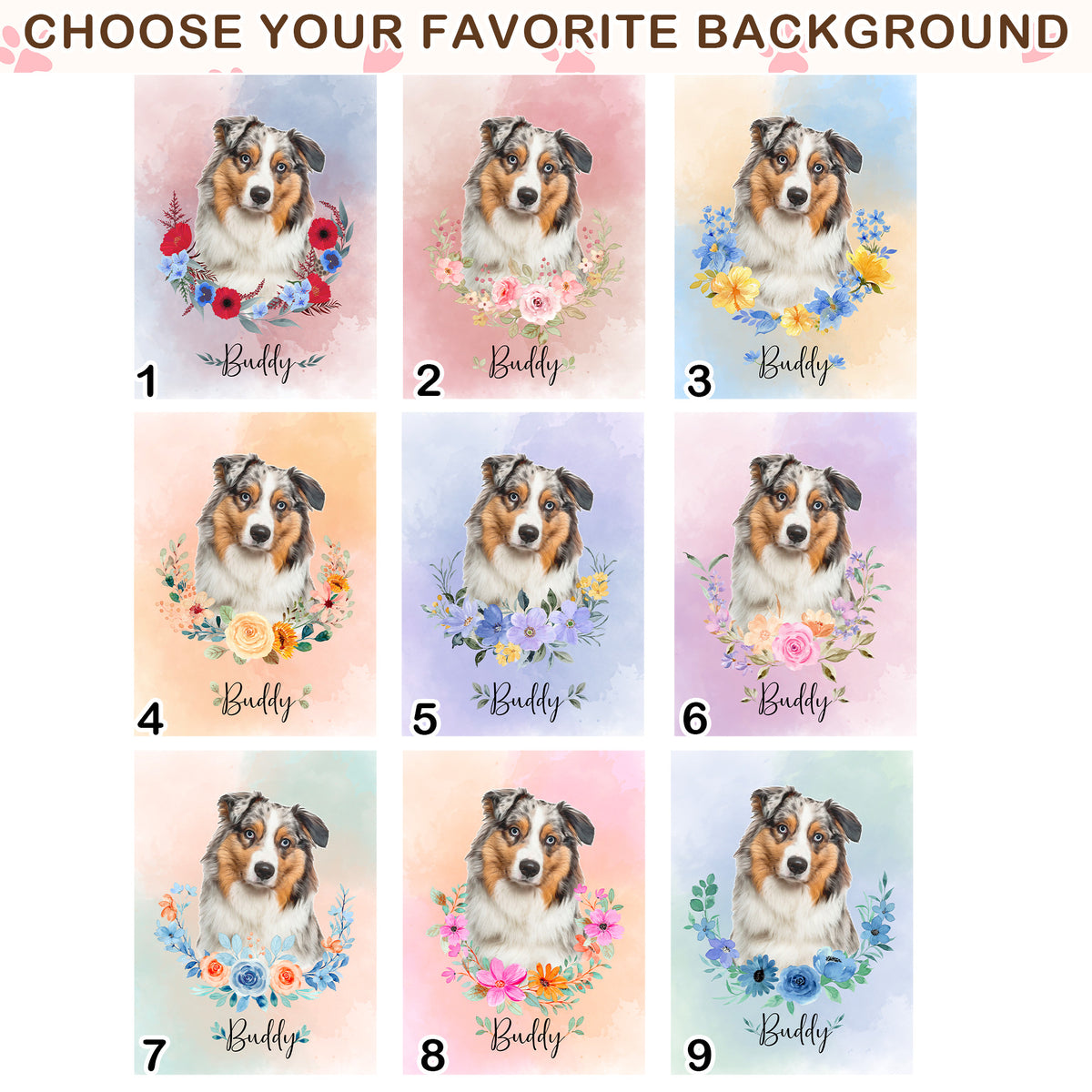 Custom Dog Portrait from Photo Floral Wreath with Name Canvas - Personalized Wall Art