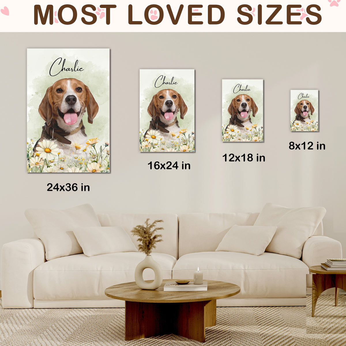 Custom Dog Portrait from Photo Daisy Wildflower with Name Canvas - Personalized Wall Art
