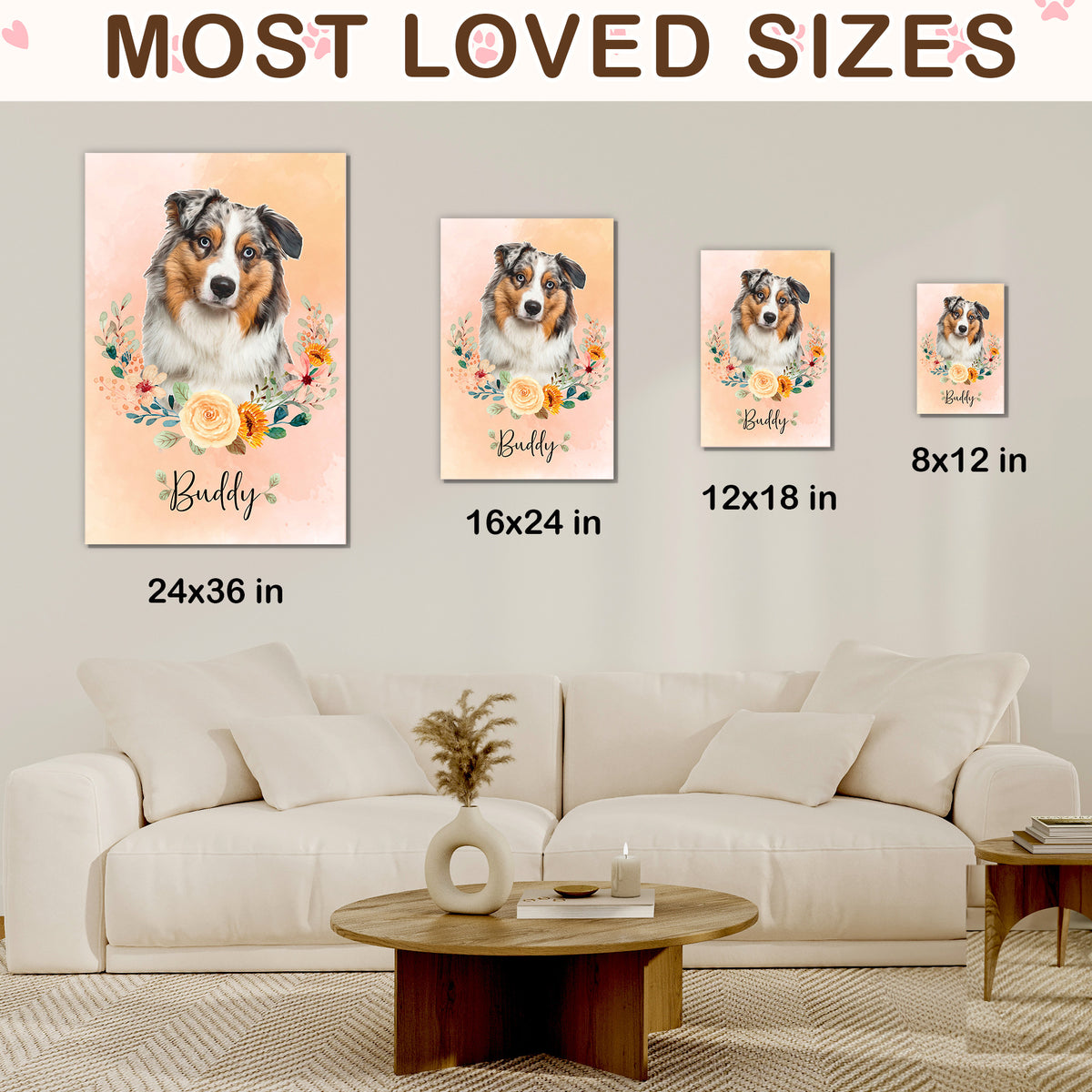 Custom Dog Portrait from Photo Floral Wreath with Name Canvas - Personalized Wall Art