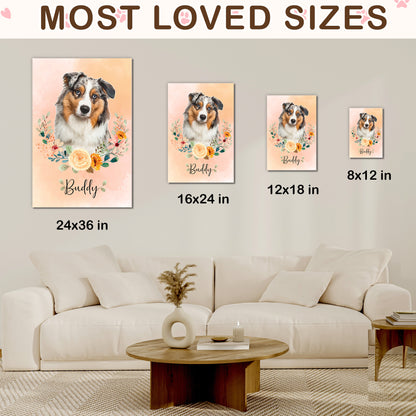 Custom Dog Portrait from Photo Floral Wreath with Name Canvas - Personalized Wall Art