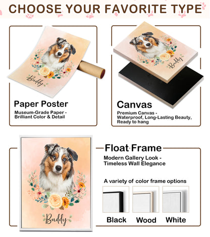 Custom Dog Portrait from Photo Floral Wreath with Name Canvas - Personalized Wall Art