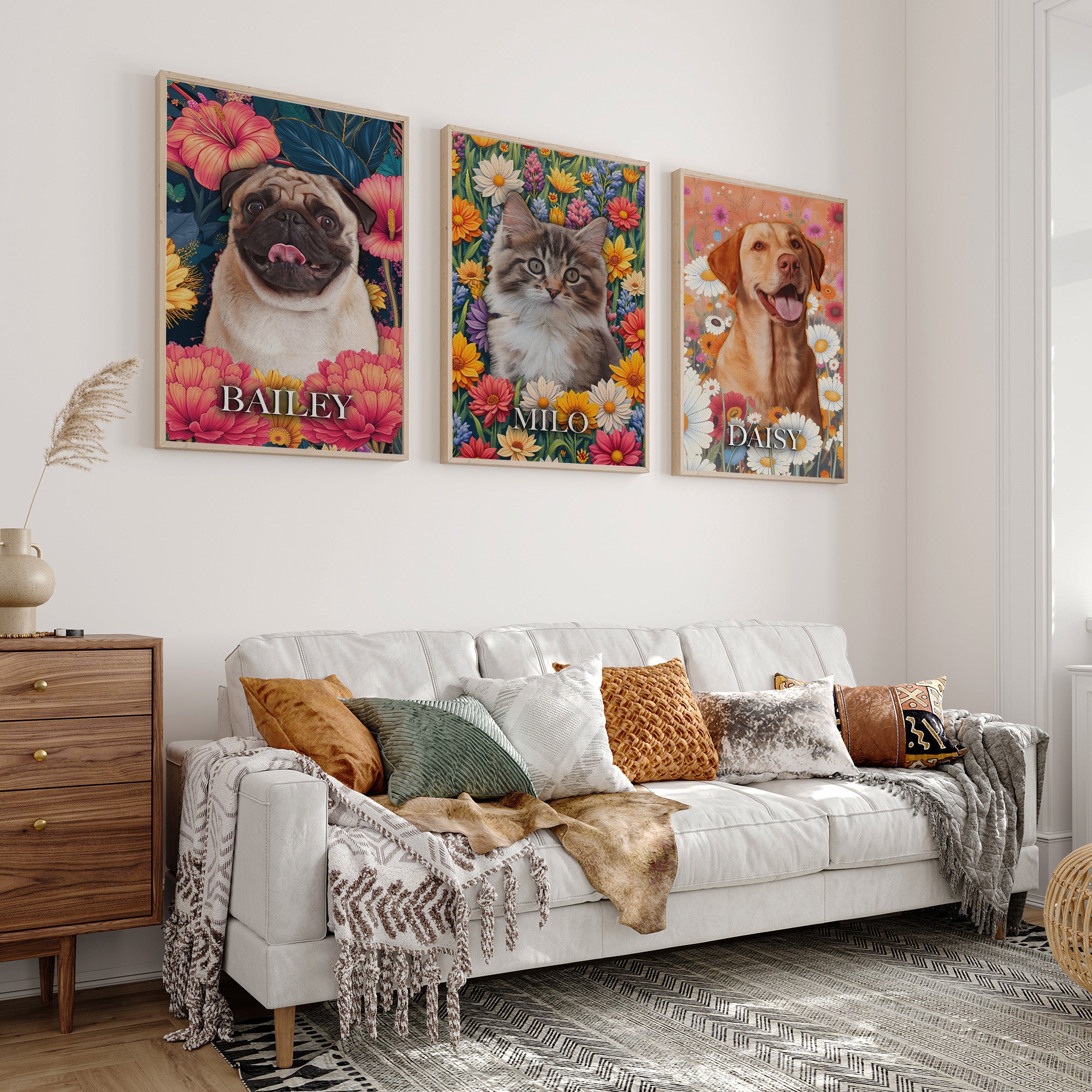 Personalized Floral Pet Portrait Canvas from Photo – Colorful Watercolor Dog Art for Home Decor