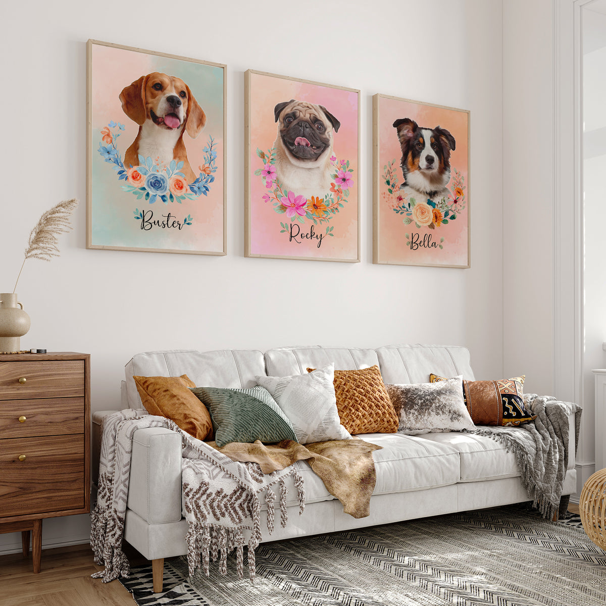Custom Dog Portrait from Photo Floral Wreath with Name Canvas - Personalized Wall Art