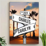 Custom Couple Street Sign Palm Tree Sunset Names & Year Canvas - Personalized Wall Art