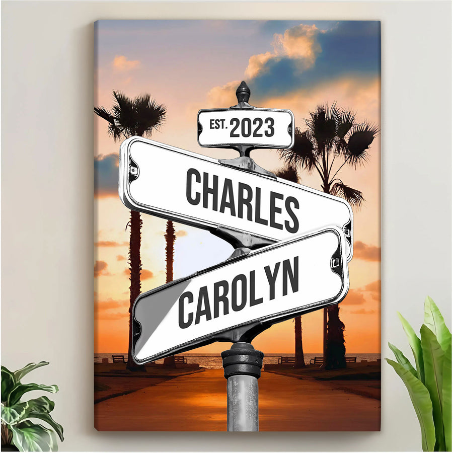 Custom Couple Street Sign Palm Tree Sunset Names & Year Canvas - Personalized Wall Art