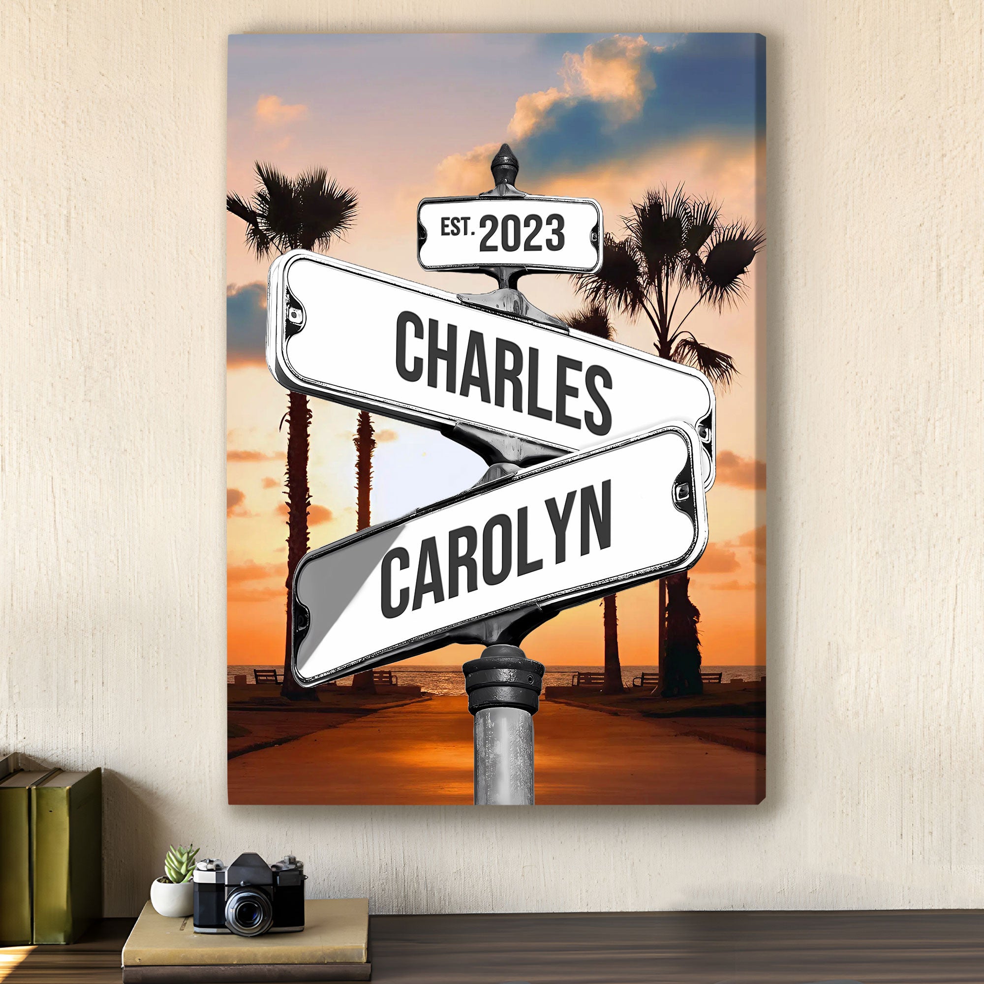 Personalized Crossroads Street Sign Canvas, Custom Couple Name Date Wall Art Sunset Beach