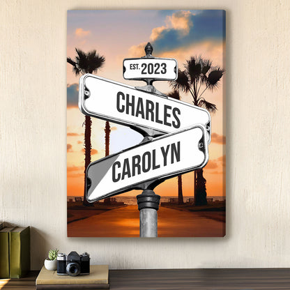 Custom Couple Street Sign Palm Tree Sunset Names & Year Canvas - Personalized Wall Art