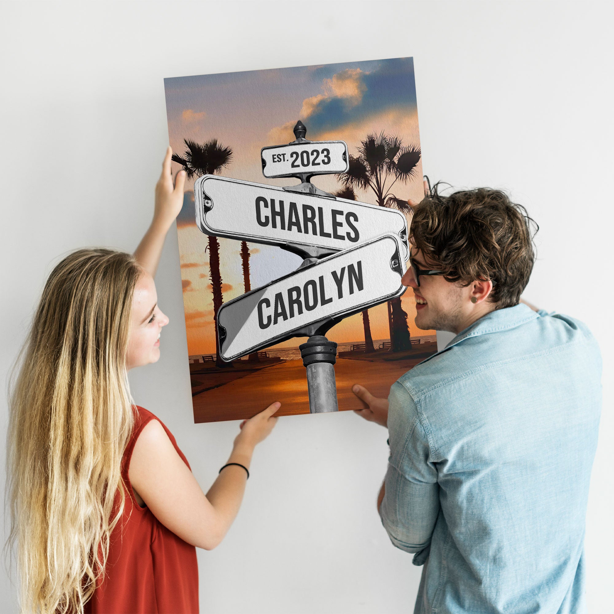 Personalized Crossroads Street Sign Canvas, Custom Couple Name Date Wall Art Sunset Beach
