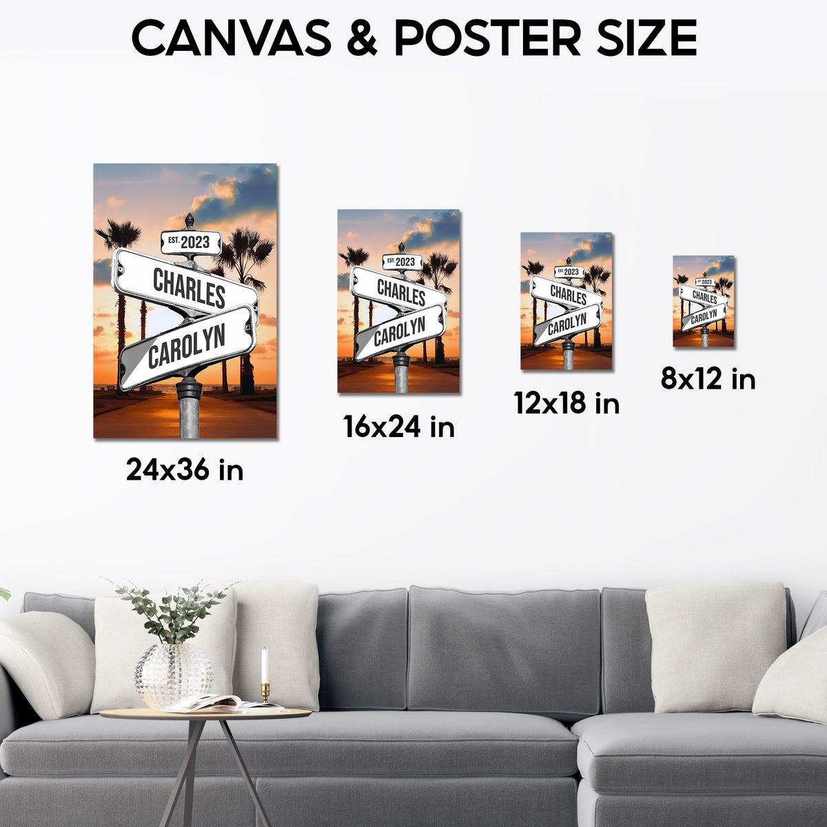 Custom Couple Street Sign Palm Tree Sunset Names & Year Canvas - Personalized Wall Art
