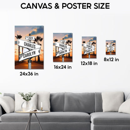 Custom Couple Street Sign Palm Tree Sunset Names & Year Canvas - Personalized Wall Art