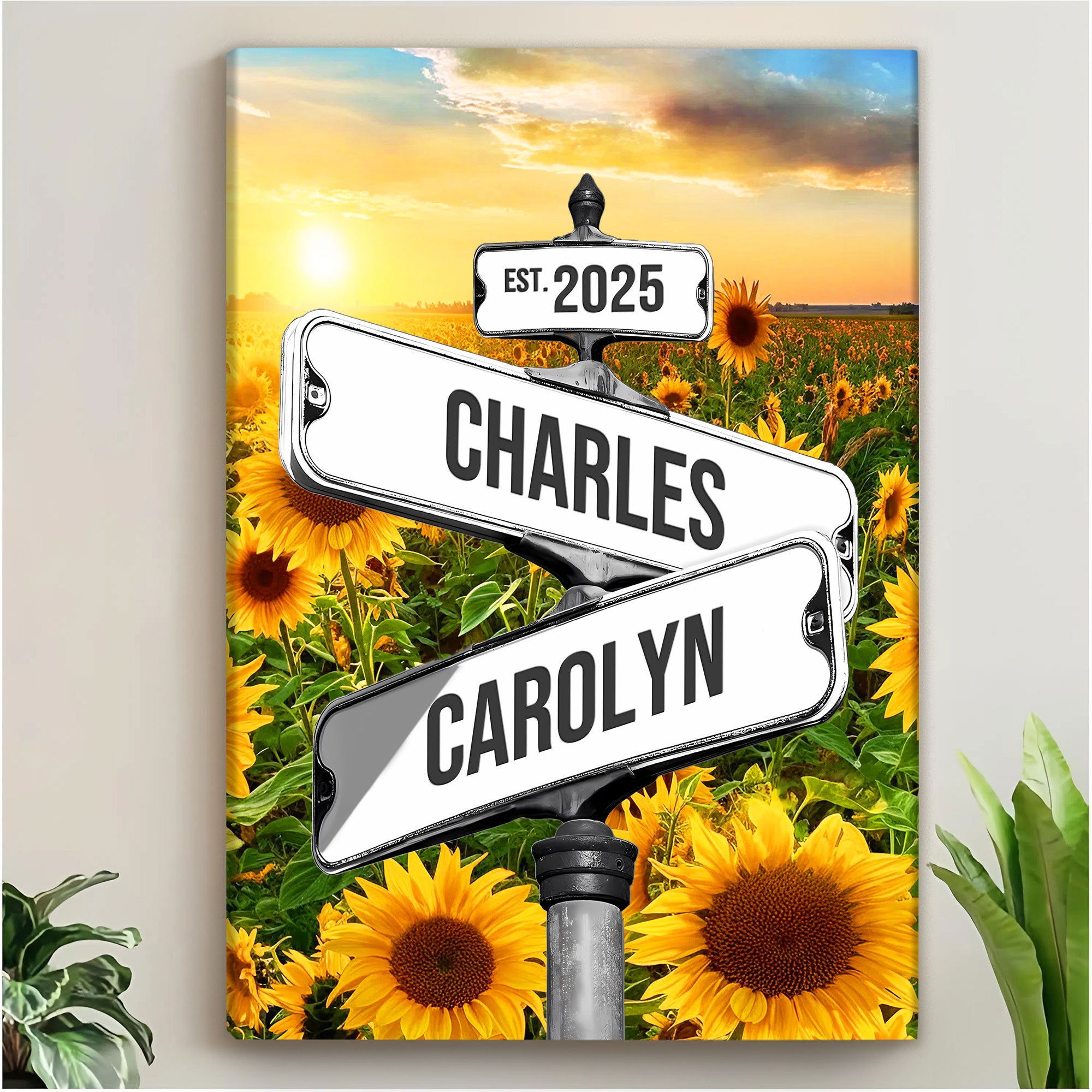 Personalized Crossroads Street Sign Canvas, Custom Couple Name Date Wall Art Sunflower Field