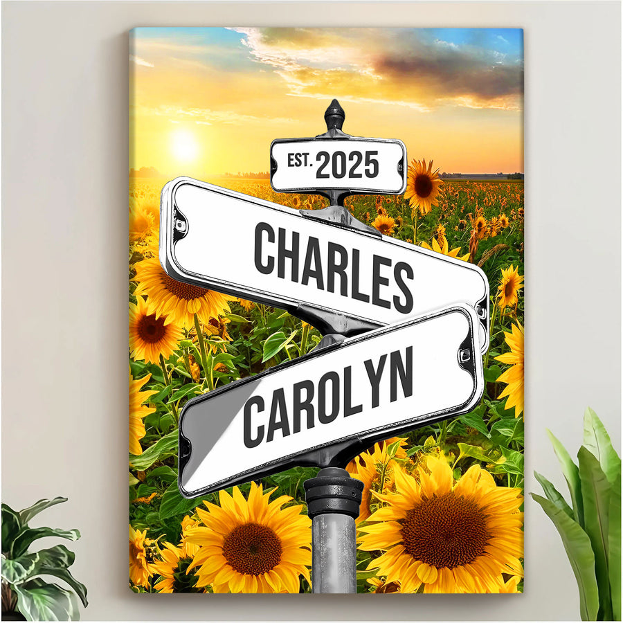 Custom Couple Street Sign Sunflower Field Names & Year Canvas - Personalized Wall Art
