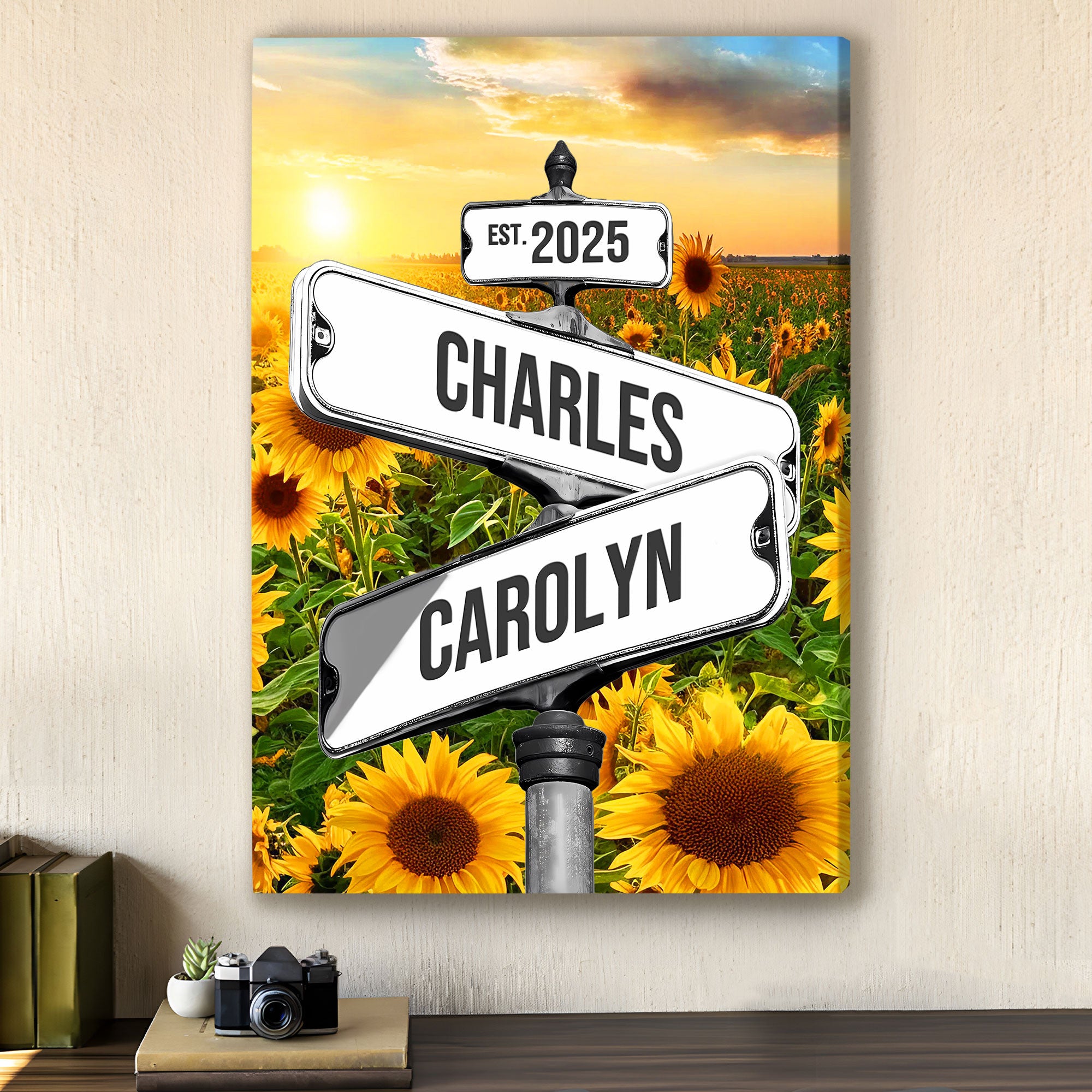 Personalized Crossroads Street Sign Canvas, Custom Couple Name Date Wall Art Sunflower Field