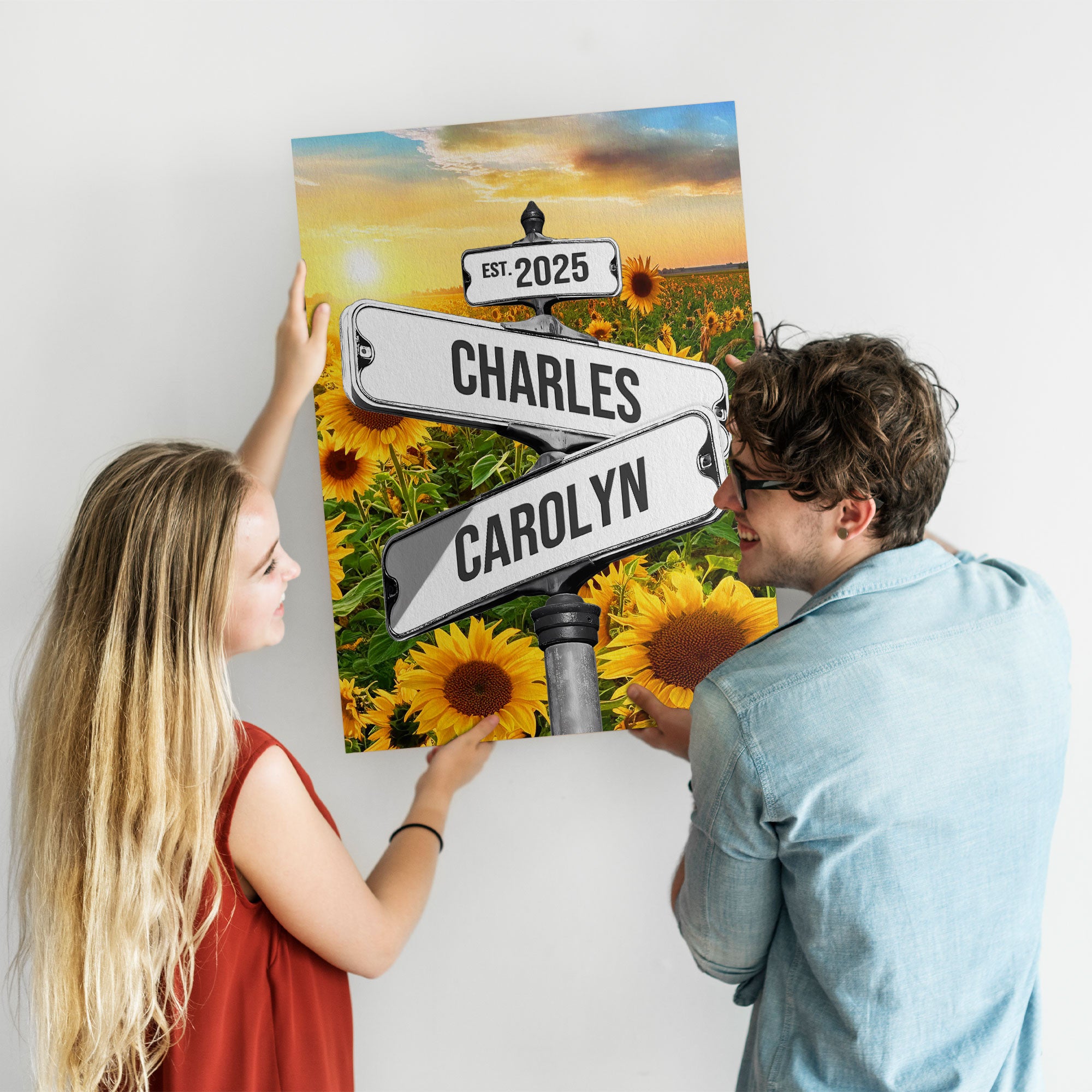 Personalized Crossroads Street Sign Canvas, Custom Couple Name Date Wall Art Sunflower Field