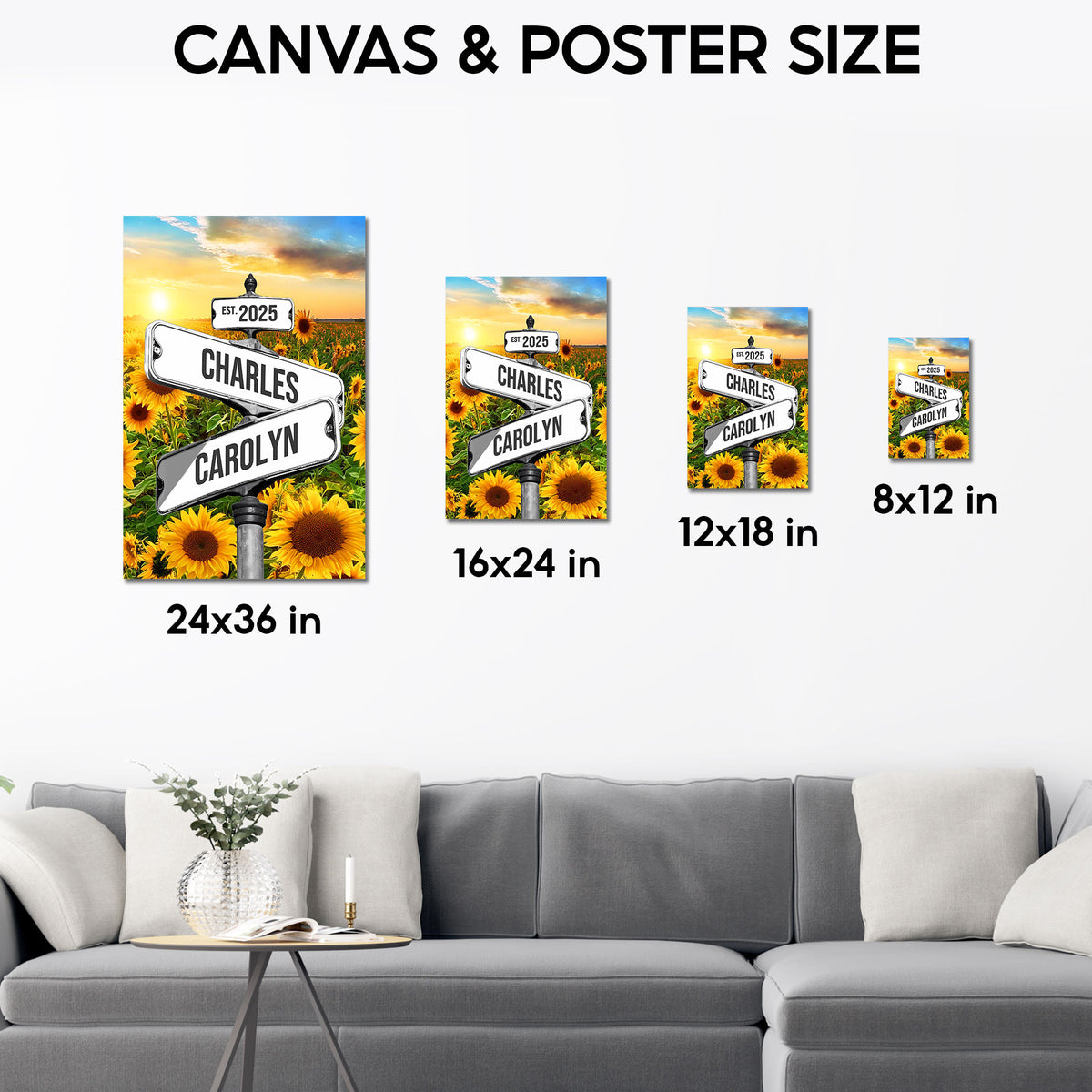 Custom Couple Street Sign Sunflower Field Names & Year Canvas - Personalized Wall Art