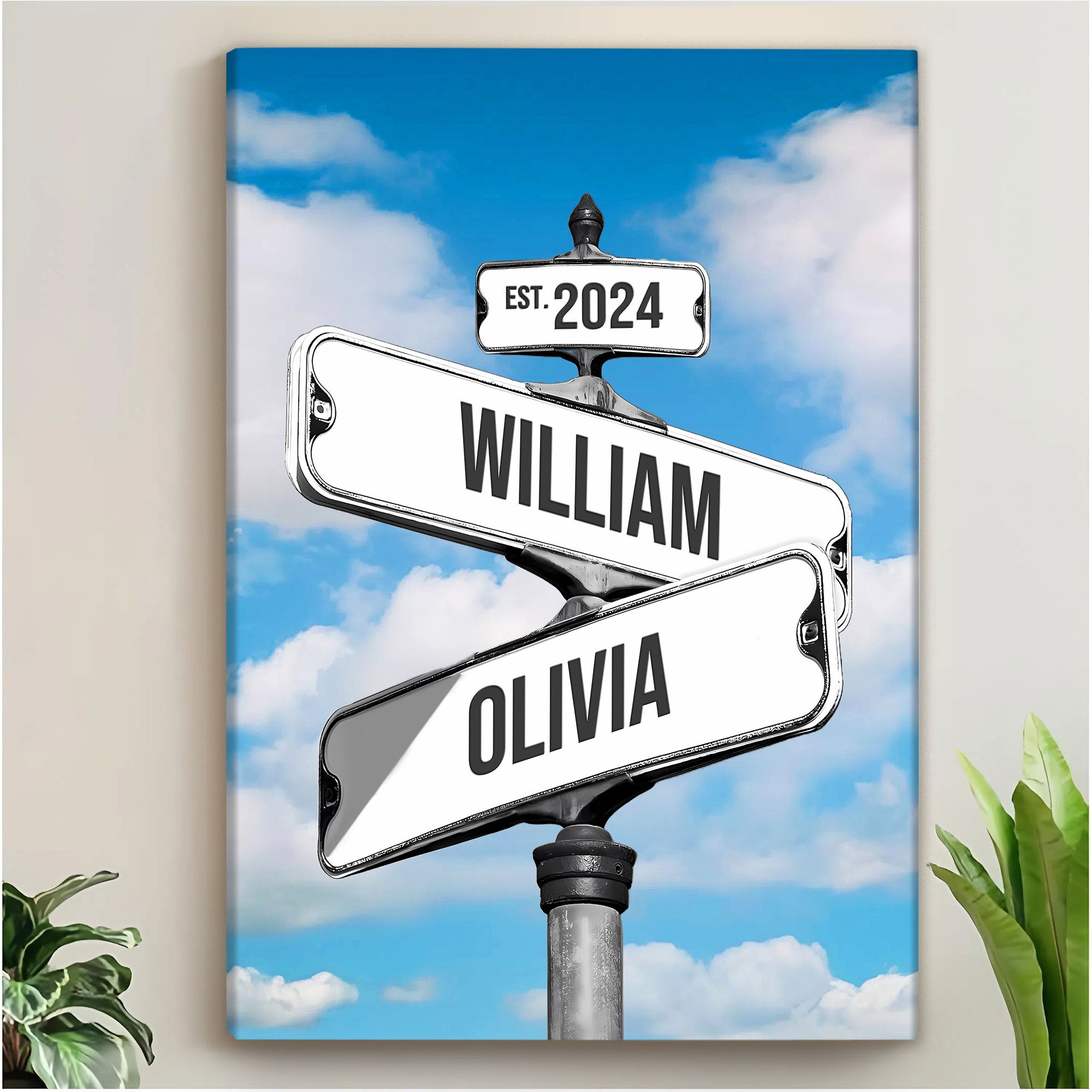 Personalized Crossroads Street Sign Canvas, Custom Couple Name Date Wall Art Blue Sky