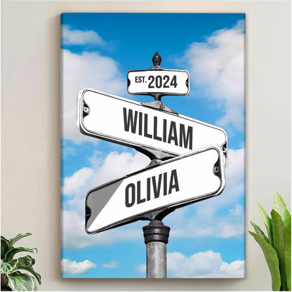 Custom Couple Street Sign Blue Sky Names & Year Canvas - Personalized Wall Art