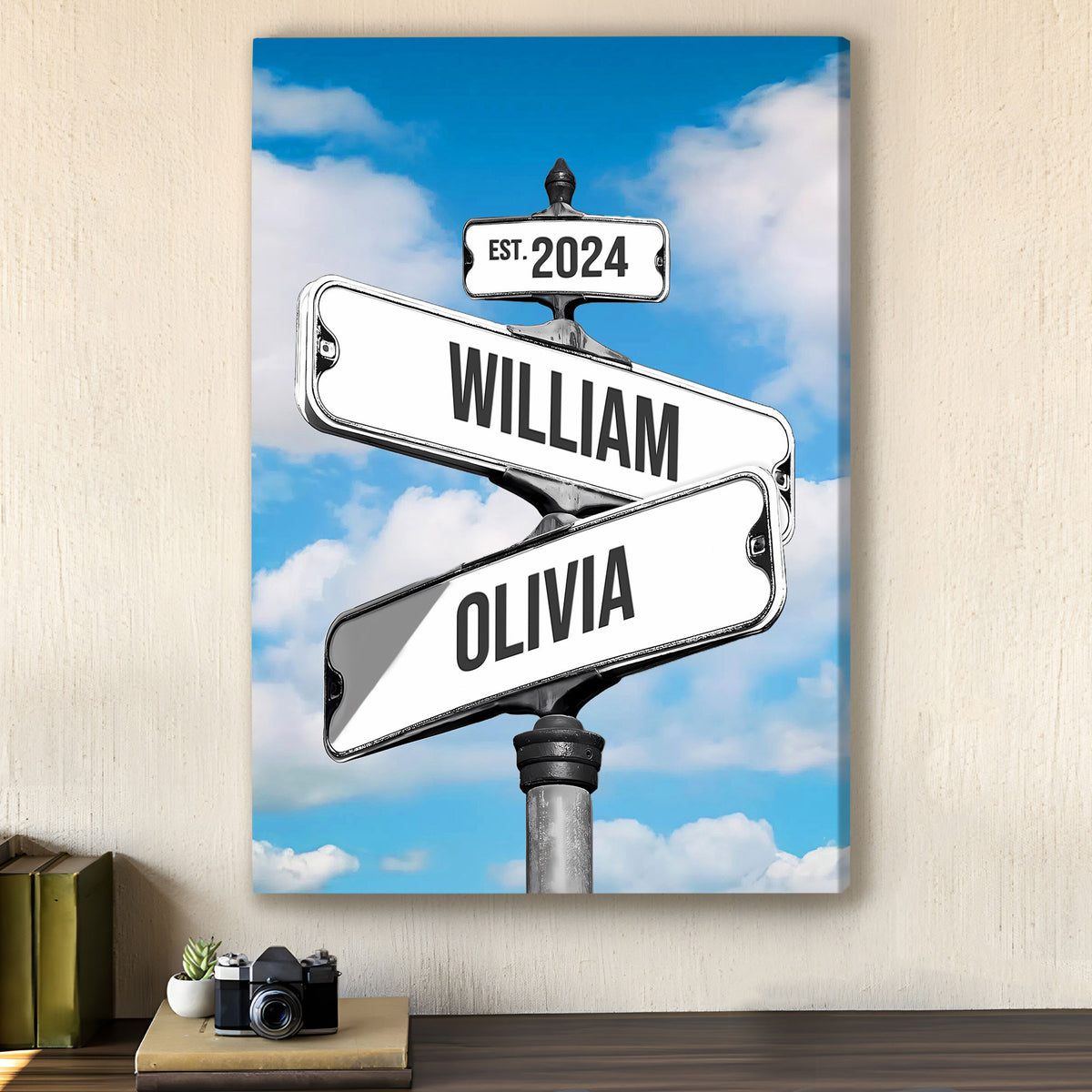 Custom Couple Street Sign Blue Sky Names & Year Canvas - Personalized Wall Art