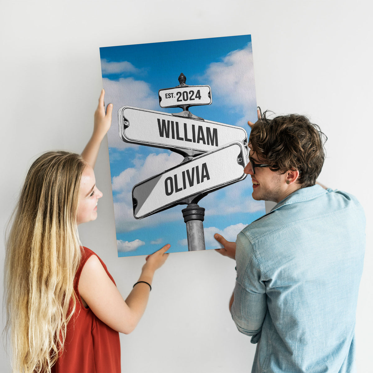 Custom Couple Street Sign Blue Sky Names & Year Canvas - Personalized Wall Art