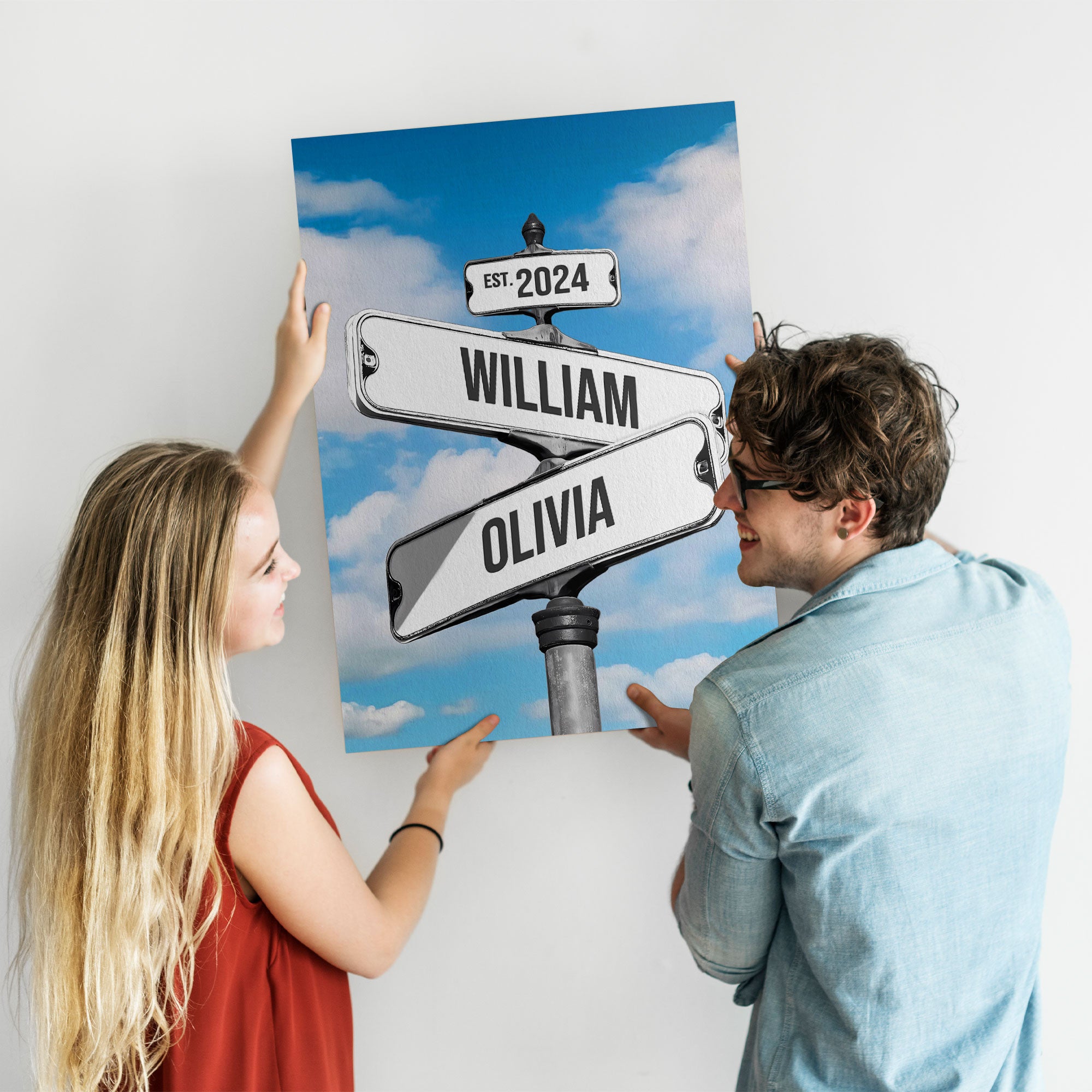 Personalized Crossroads Street Sign Canvas, Custom Couple Name Date Wall Art Blue Sky