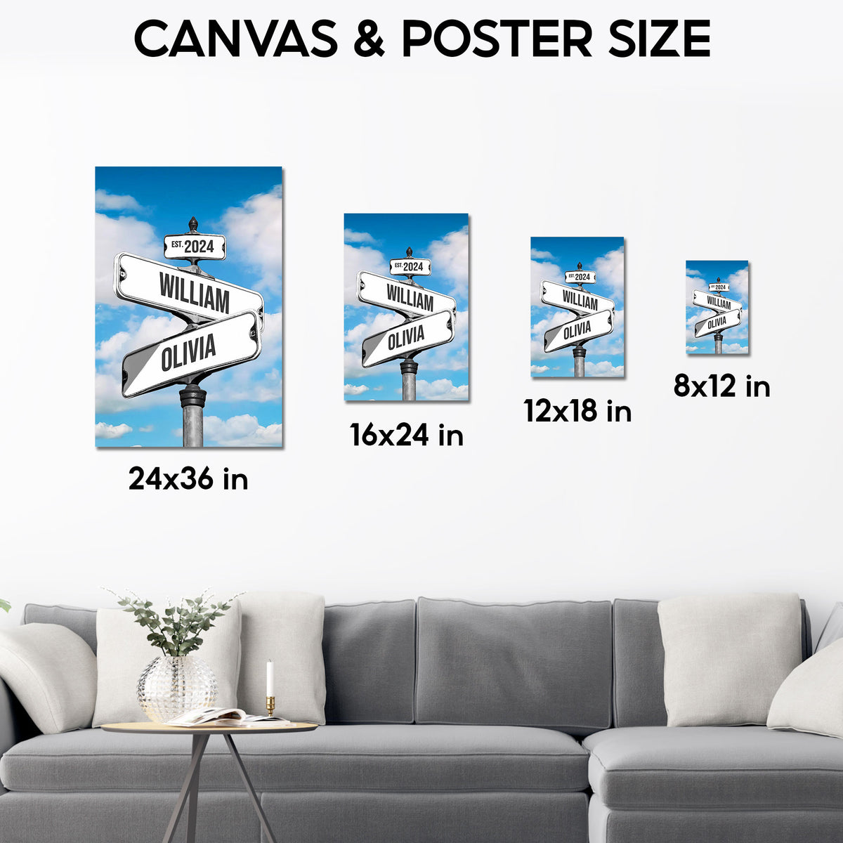 Custom Couple Street Sign Blue Sky Names & Year Canvas - Personalized Wall Art