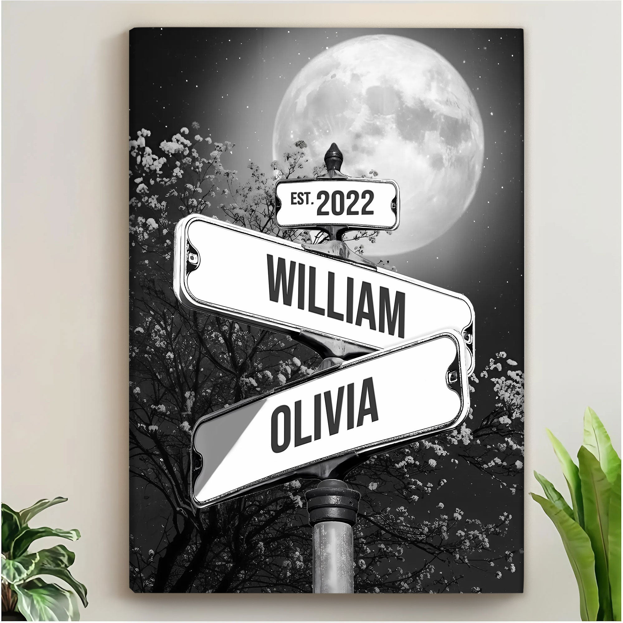 Personalized Crossroads Street Sign Canvas, Custom Couple Name Date Wall Art Full Moon Night