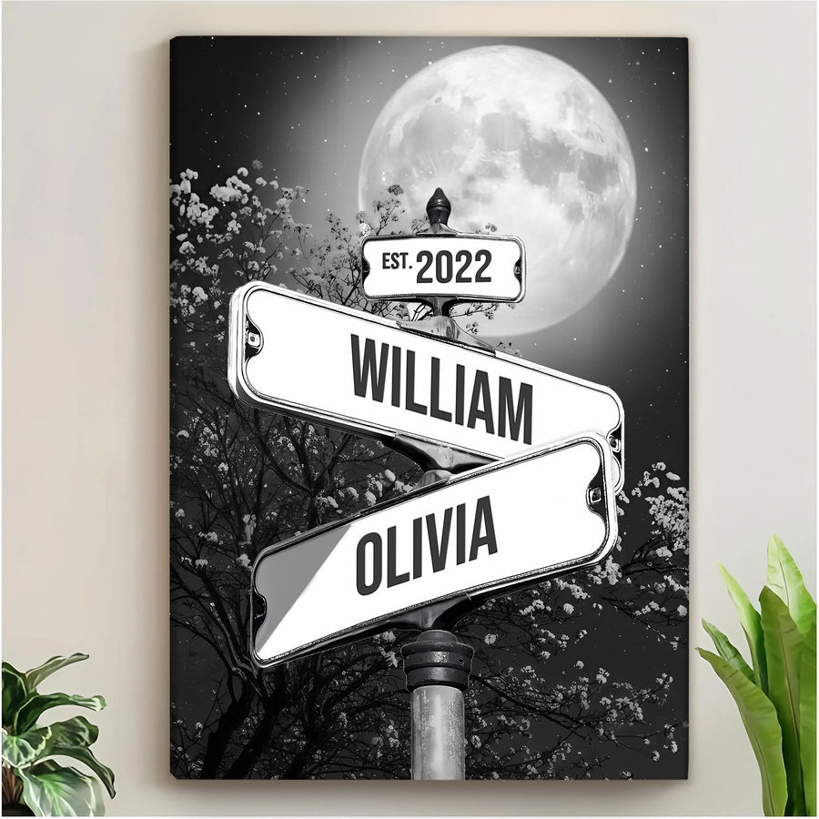 Custom Couple Street Sign Full Moon Names & Year Canvas - Personalized Wall Art
