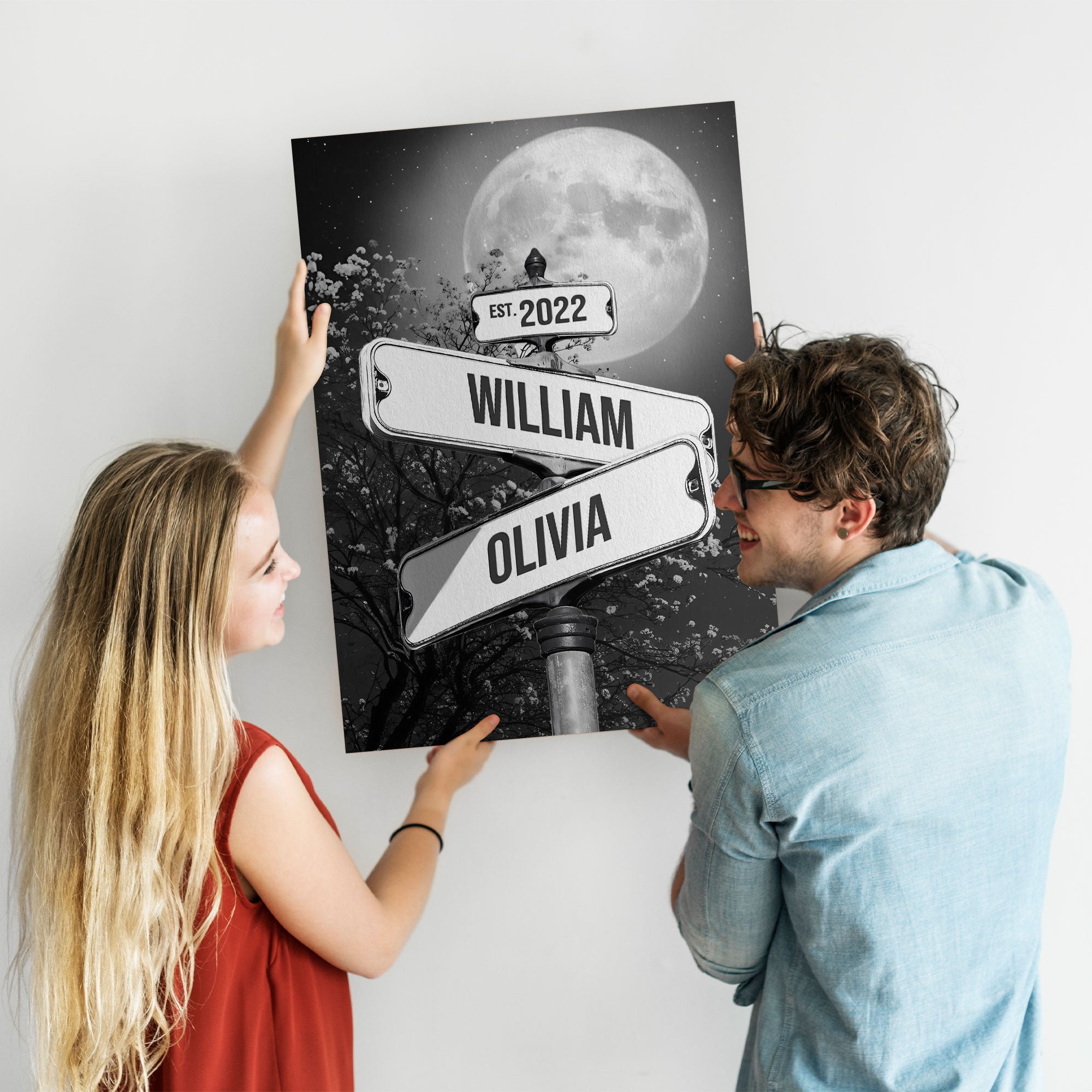 Personalized Crossroads Street Sign Canvas, Custom Couple Name Date Wall Art Full Moon Night