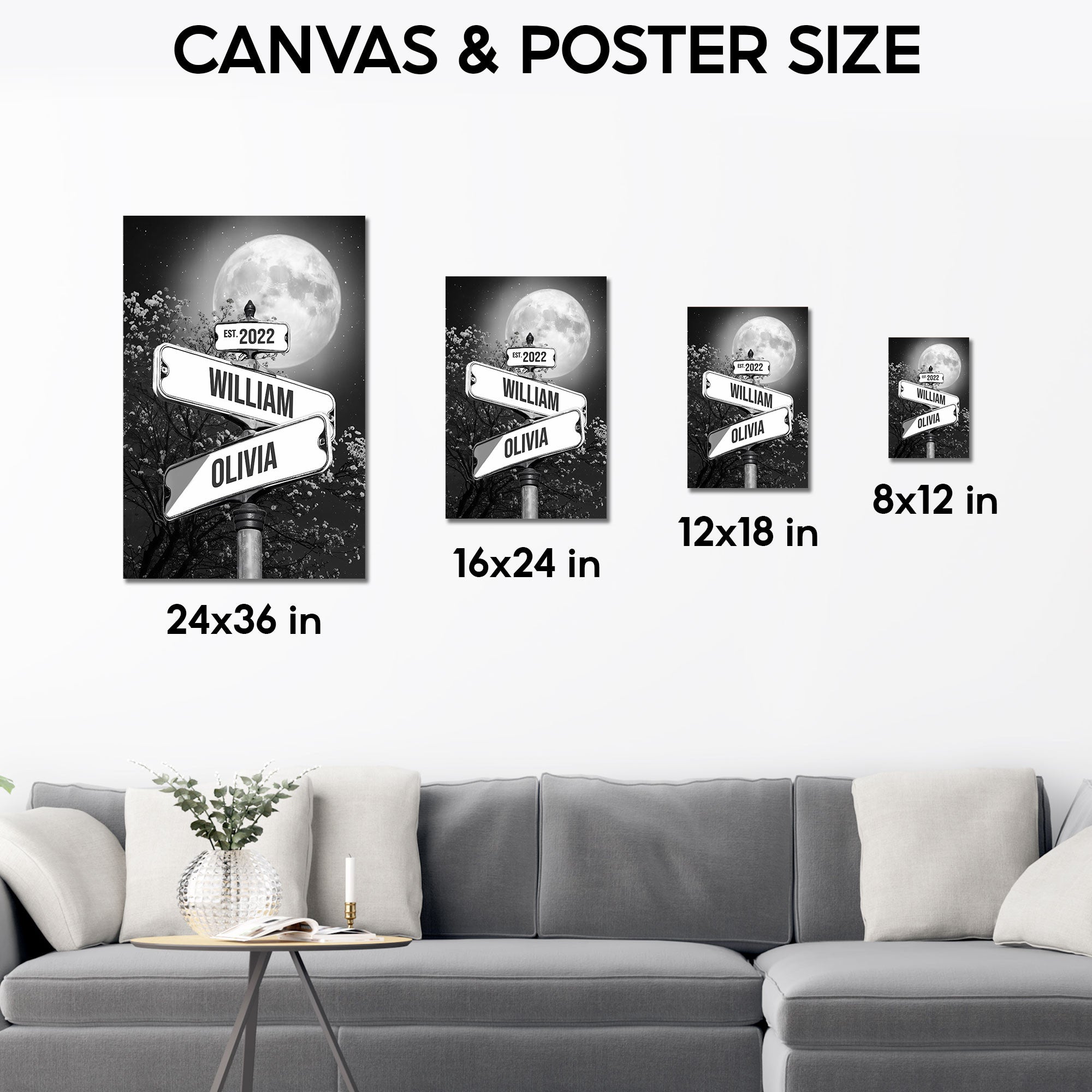 Personalized Crossroads Street Sign Canvas, Custom Couple Name Date Wall Art Full Moon Night