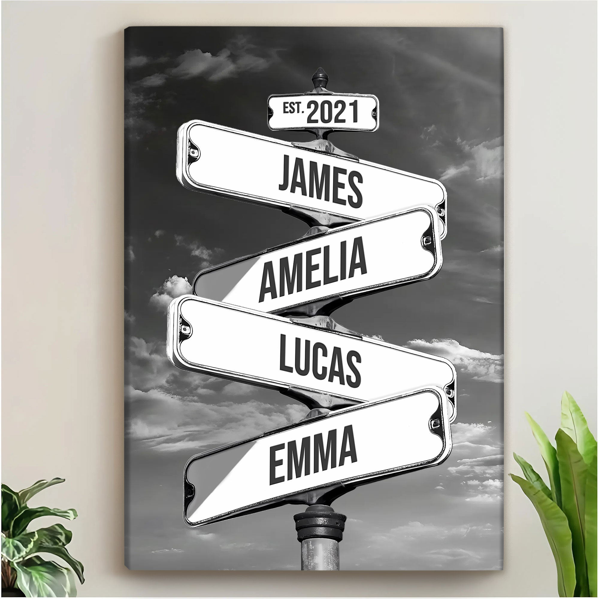 Personalized Family Crossroads Street Sign Canvas, Custom Multiple Name Date Wall Art Stormy Sky