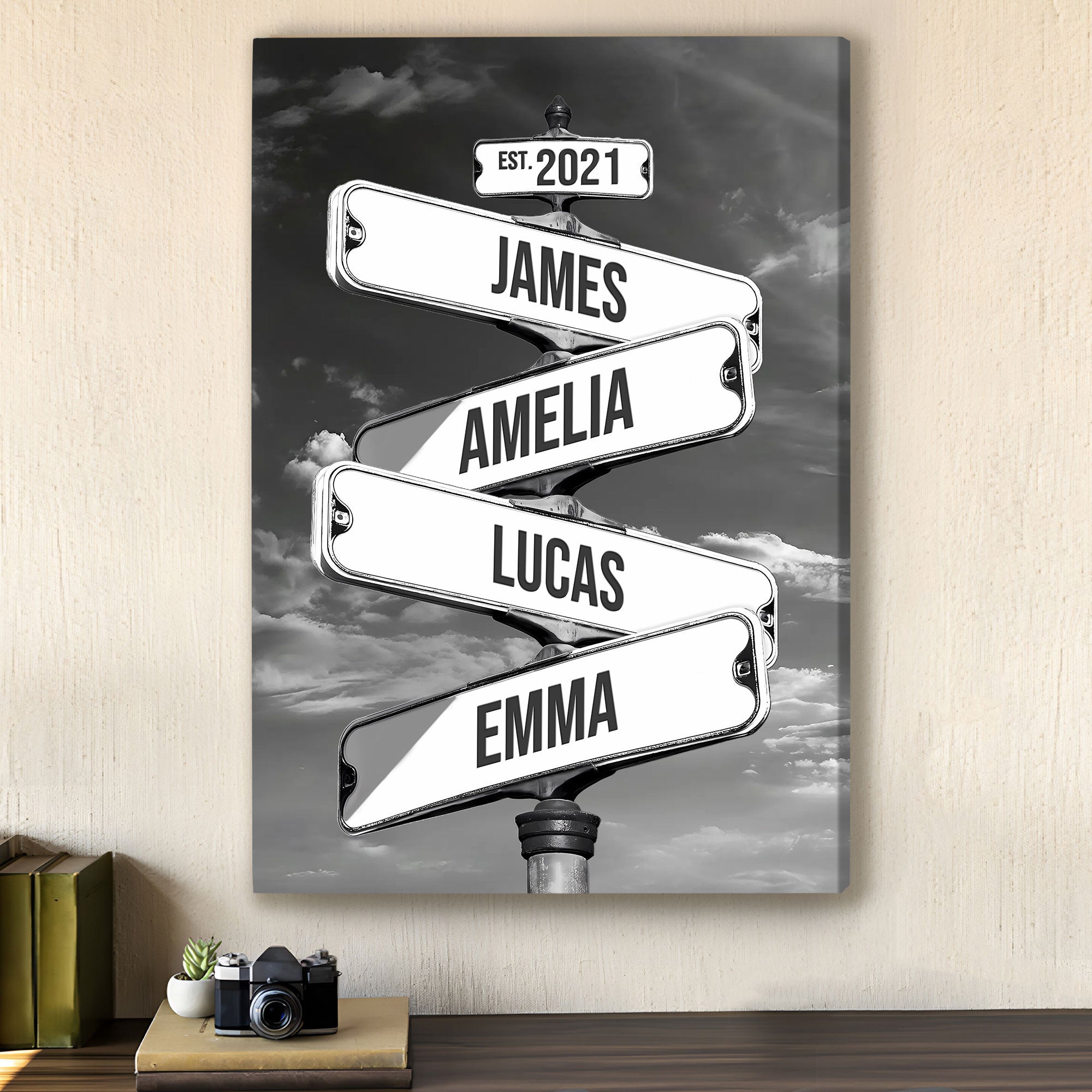 Personalized Family Crossroads Street Sign Canvas, Custom Multiple Name Date Wall Art Stormy Sky