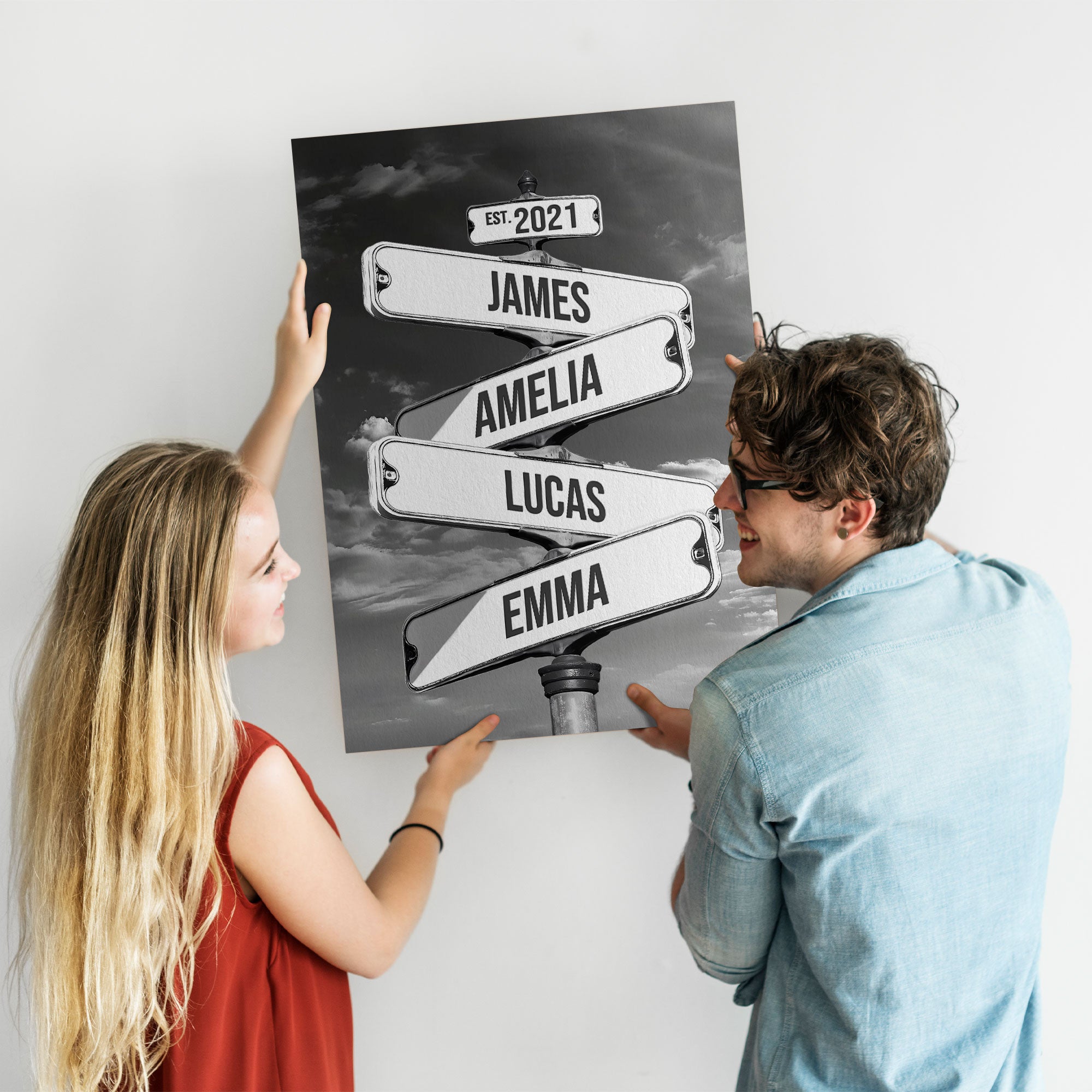Personalized Family Crossroads Street Sign Canvas, Custom Multiple Name Date Wall Art Stormy Sky