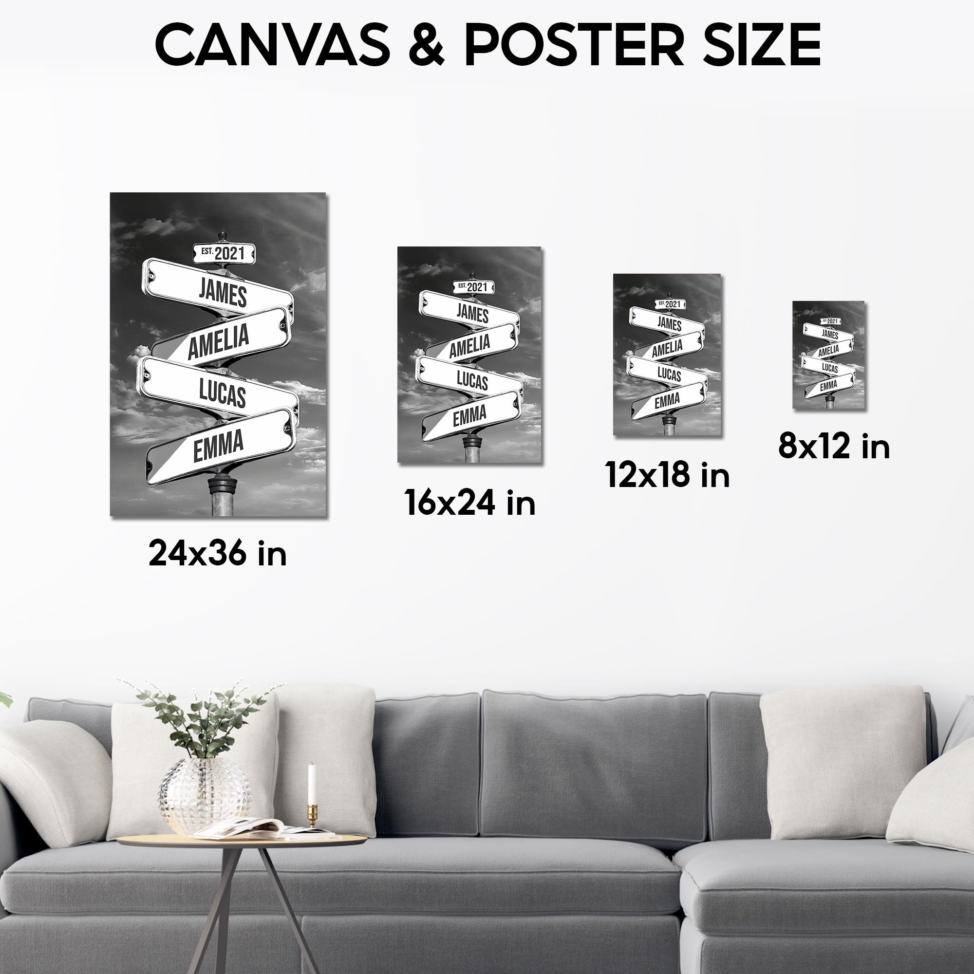 Personalized Family Crossroads Street Sign Canvas, Custom Multiple Name Date Wall Art Stormy Sky