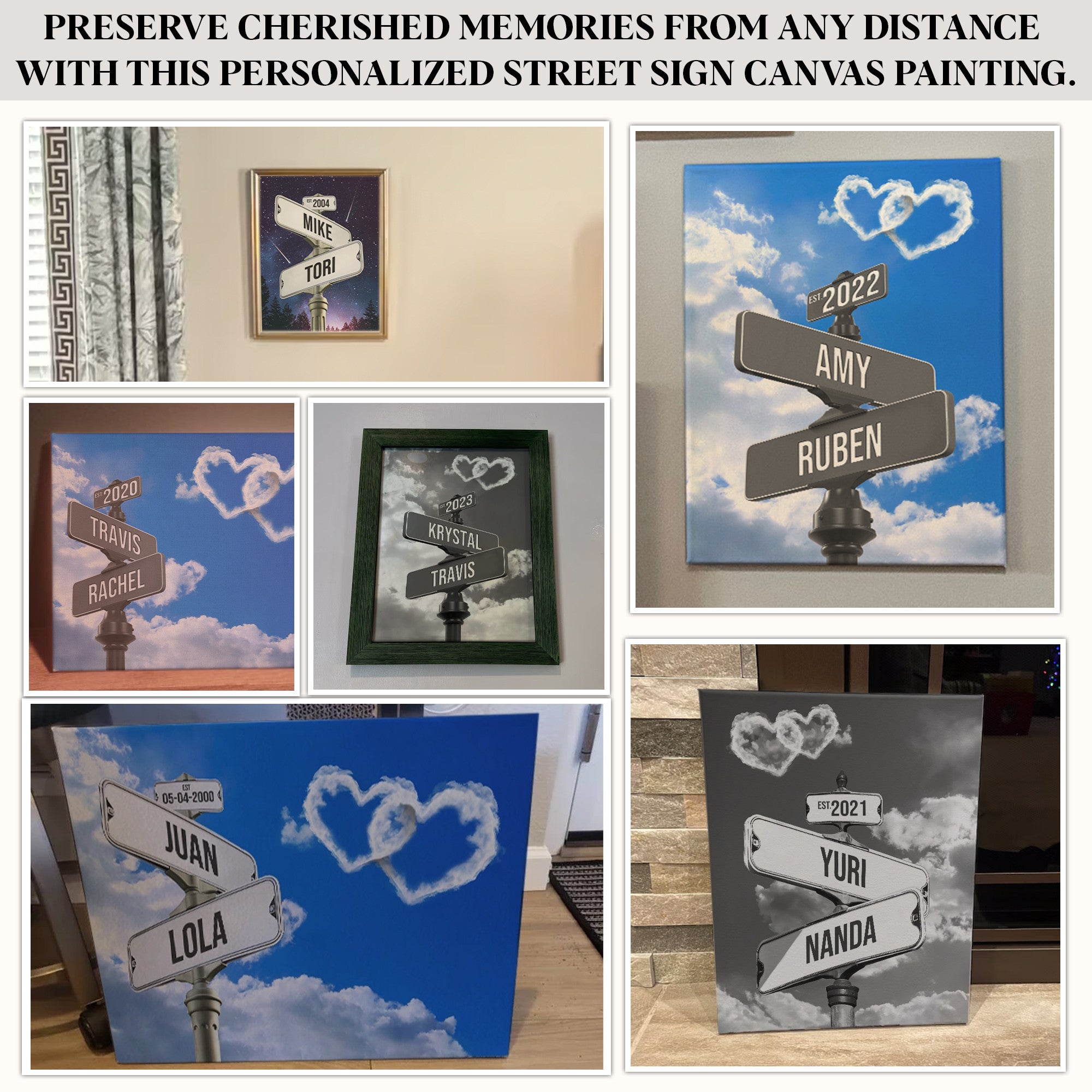 Personalized Crossroads Street Sign Canvas, Custom Couple Name Date Wall Art Full Moon Night