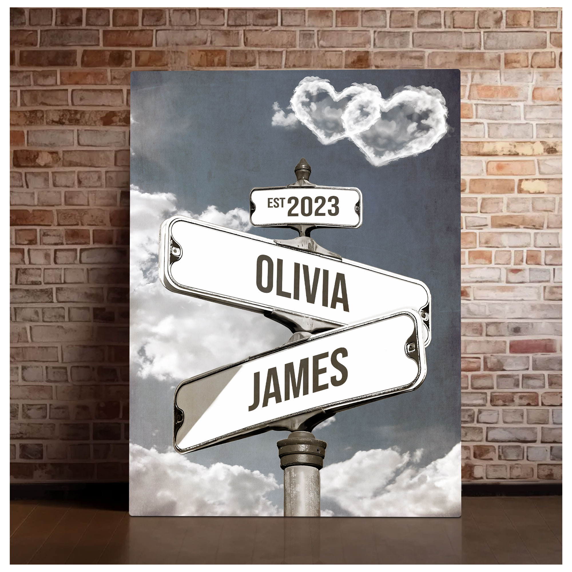 Personalized Crossroads Street Sign For Couple Canvas, Custom Couple Name And Date Wall Art Black and White Heart Cloud