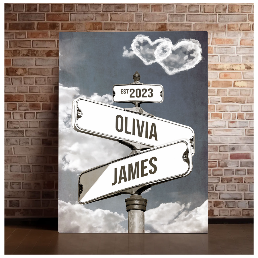Custom Couple Street Sign Heart Clouds Vintage Sky Names & Year Canvas - Personalized Wall Art