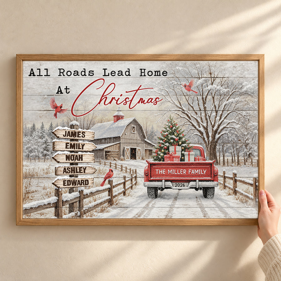 Custom Family Street Sign All Roads Lead Home Christmas Barn Canvas - Personalized Wall Art