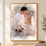 Custom Photo Watercolor Wedding Portrait Names & Date - Personalized Wrapped Canvas