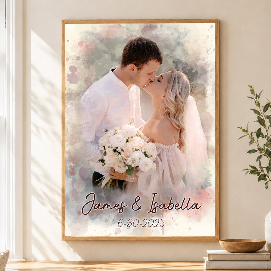 Custom Photo Watercolor Wedding Portrait Names & Date - Personalized Wrapped Canvas
