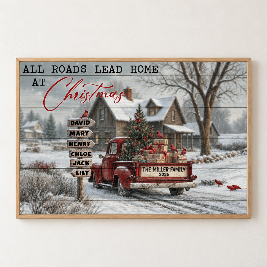 Custom Family Street Sign All Roads Lead Home Christmas House Canvas - Personalized Wall Art