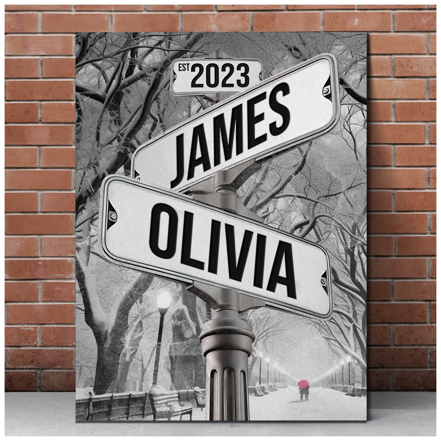 Custom Couple Street Sign Snowy Winter Park Names & Year Canvas - Personalized Wall Art