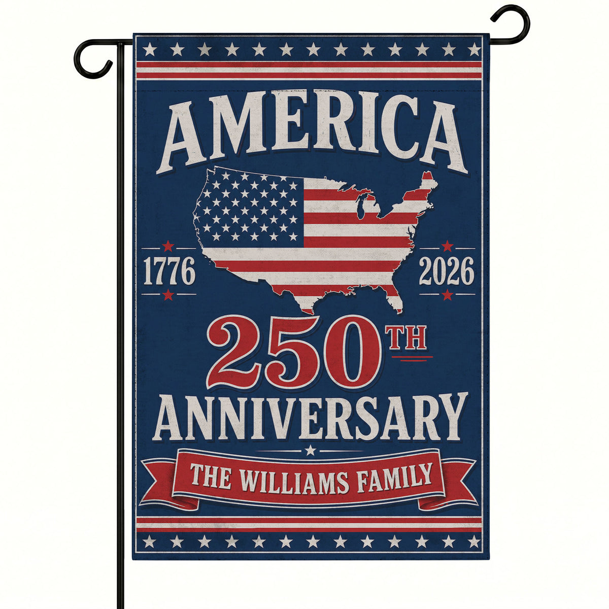 Custom Family Name America 250th US Map Patriotic Garden Flag - Personalized Decor