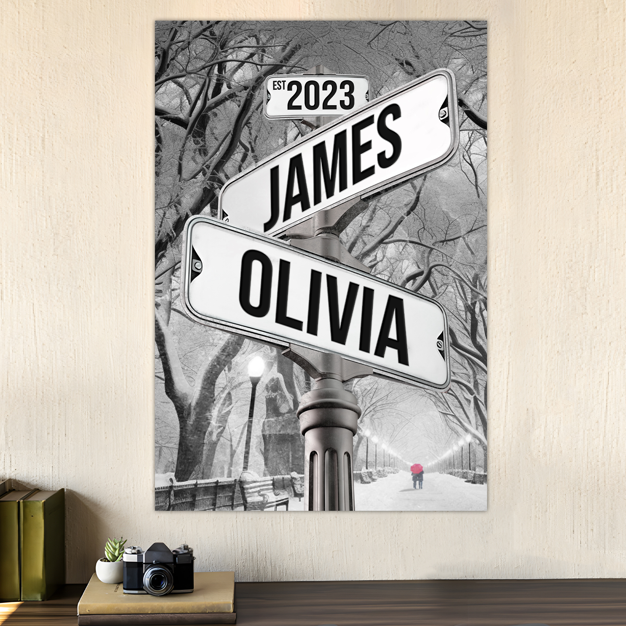 Personalized Crossroads Street Sign For Couples Canvas, Custom Couple Name And Date Wall Art Winter Park Snow