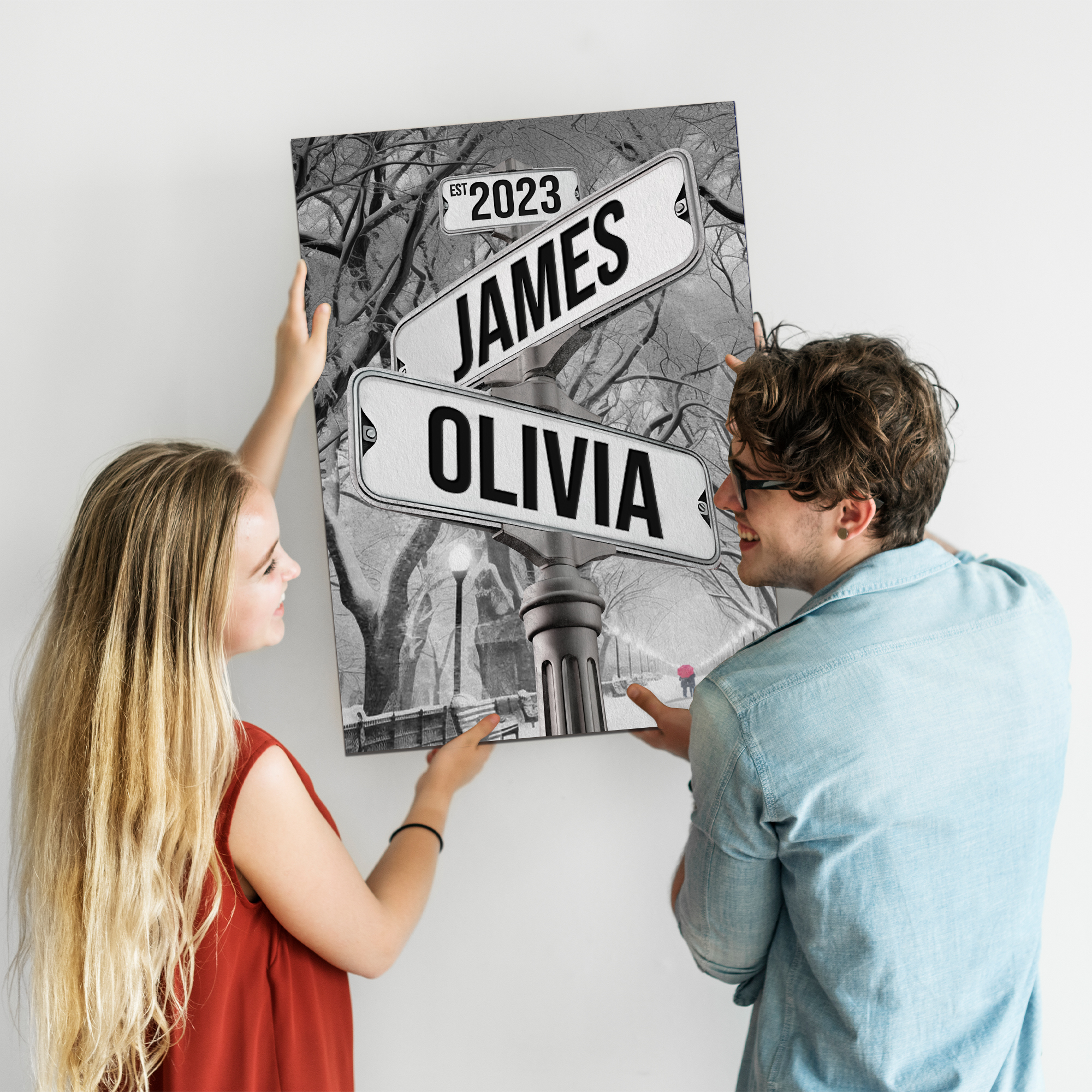 Personalized Crossroads Street Sign For Couples Canvas, Custom Couple Name And Date Wall Art Winter Park Snow