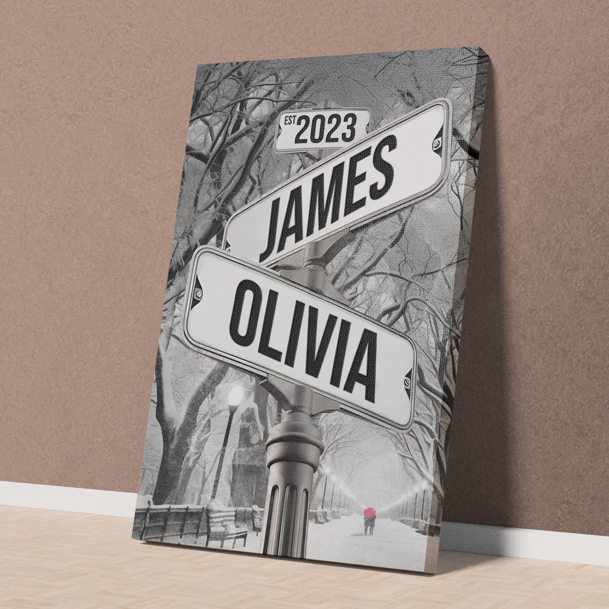 Personalized Crossroads Street Sign For Couples Canvas, Custom Couple Name And Date Wall Art Winter Park Snow