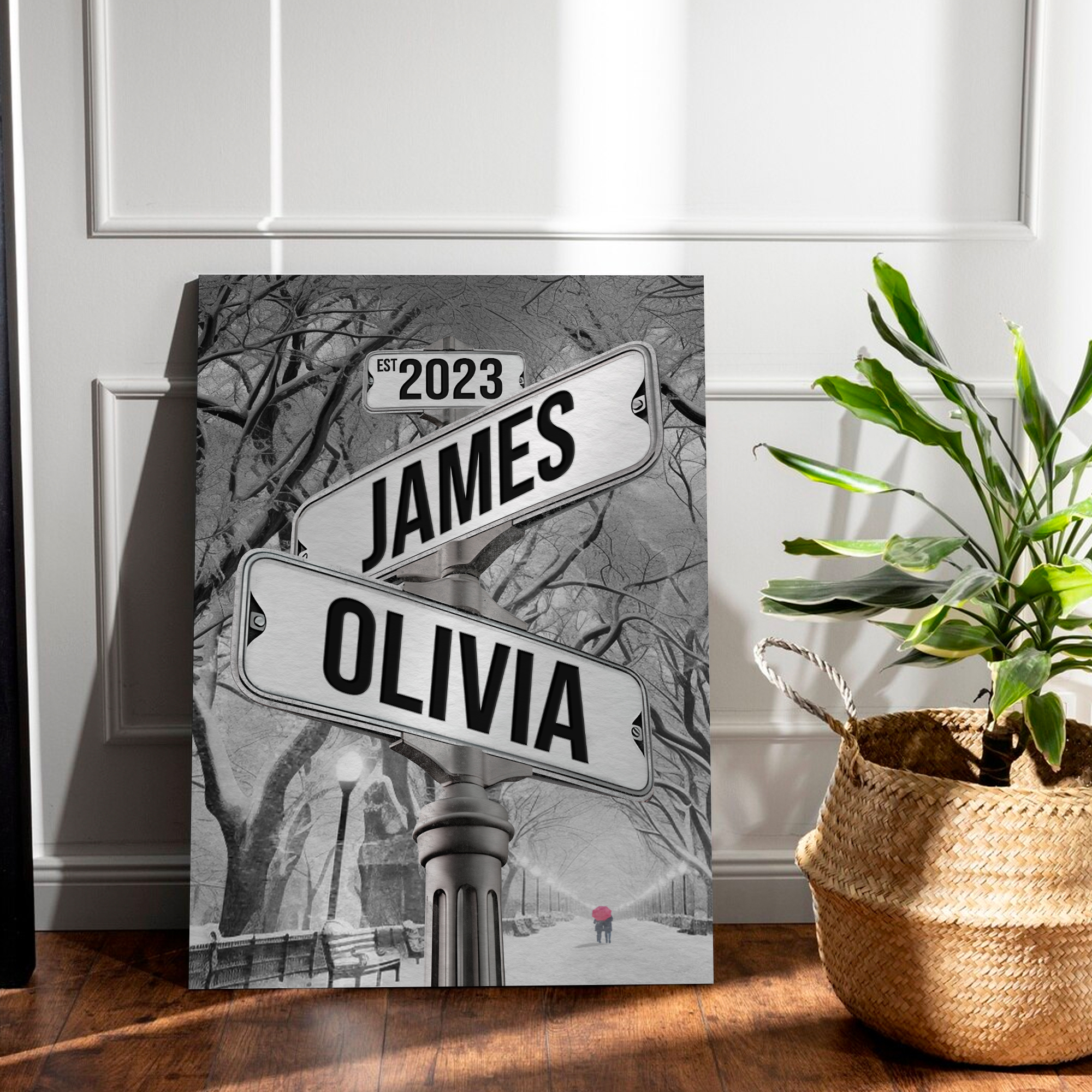 Personalized Crossroads Street Sign For Couples Canvas, Custom Couple Name And Date Wall Art Winter Park Snow