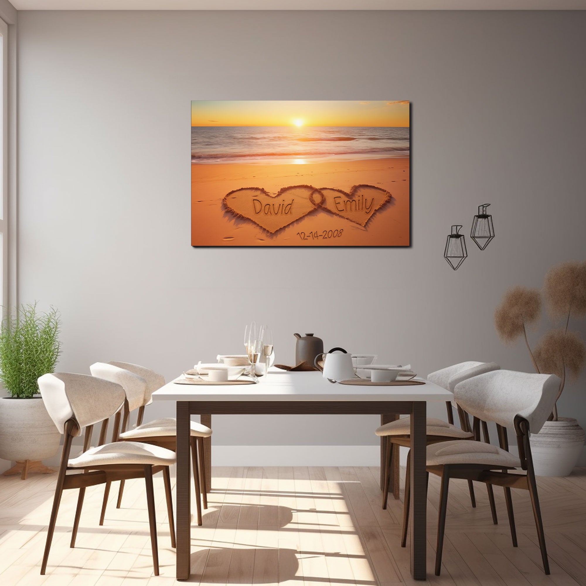 Personalized Couple Canvas with Names And Date, Heart Sunset Wall Art for Wedding Anniversary