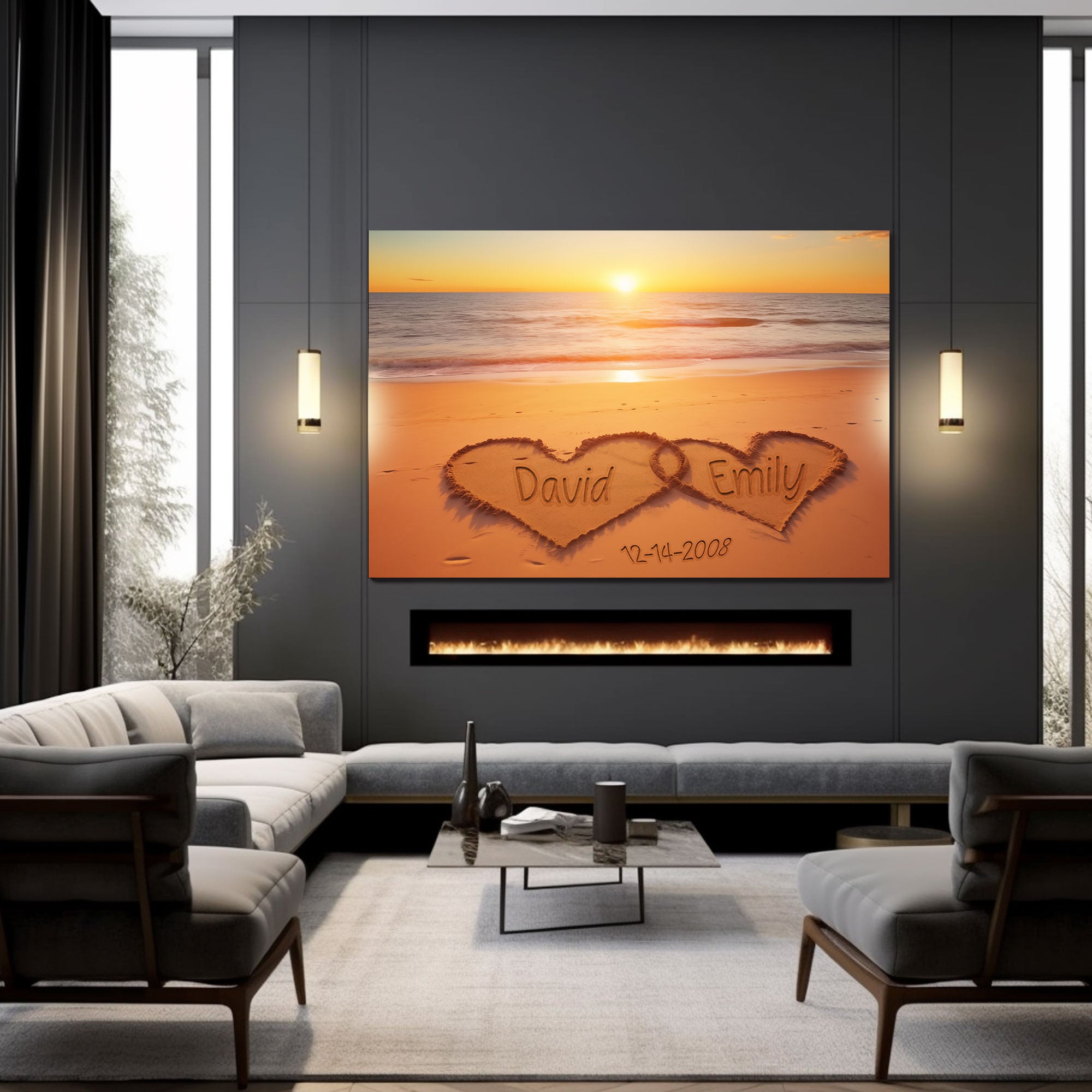 Personalized Couple Canvas with Names And Date, Heart Sunset Wall Art for Wedding Anniversary