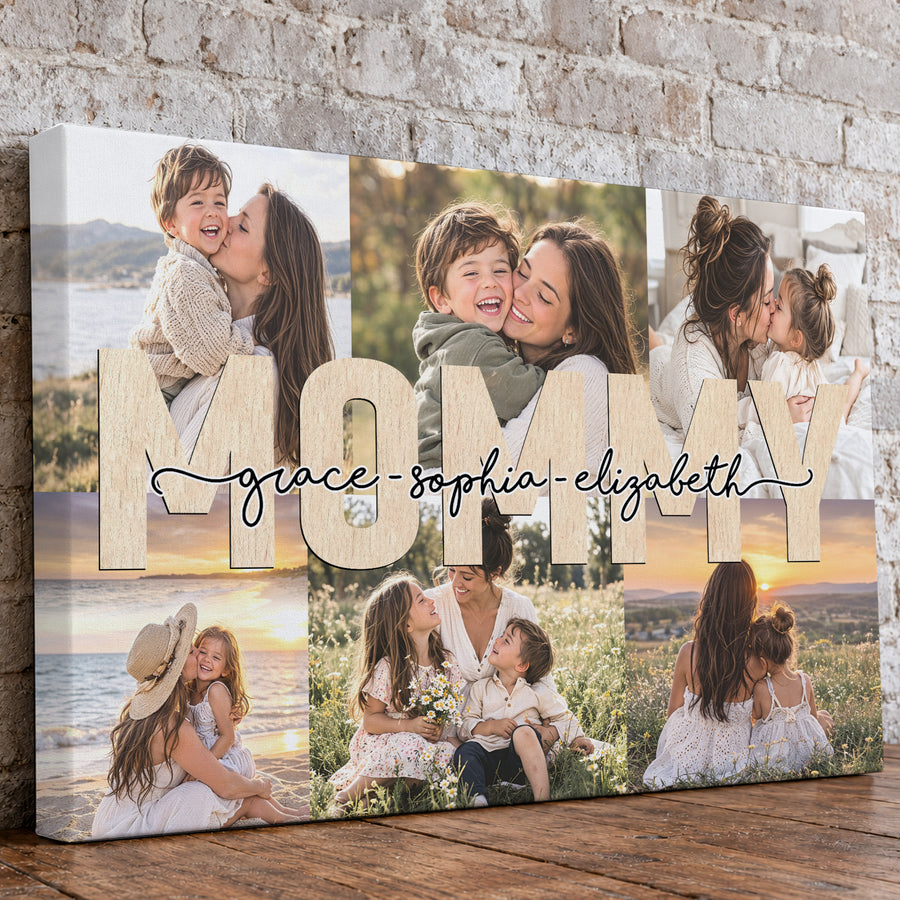 Custom Photo Mom Collage 6 Photos Mommy with Kids Names Canvas - Personalized Wall Art
